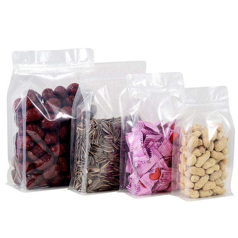 food grade eight side sealed transparent clear square flat bottom stand up zipper quad bag