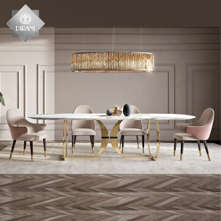 Нержавеющая сталь diningroomsets современный роскошный мраморный камень топ металлические обеденные столы наборы