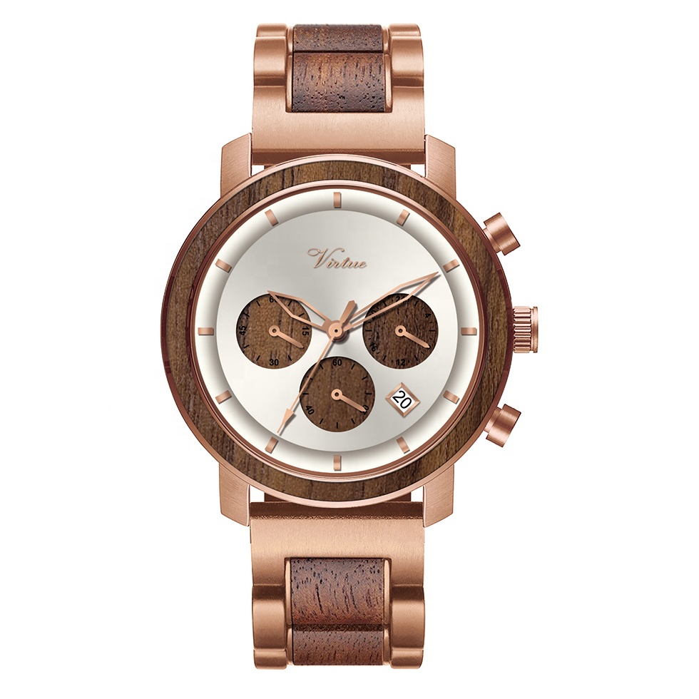 New Original Design Custom LOGO Wholesale Waterproof Luxury Wooden Wrist Watches Chronograph Metal Stainless Steel Wood Watch