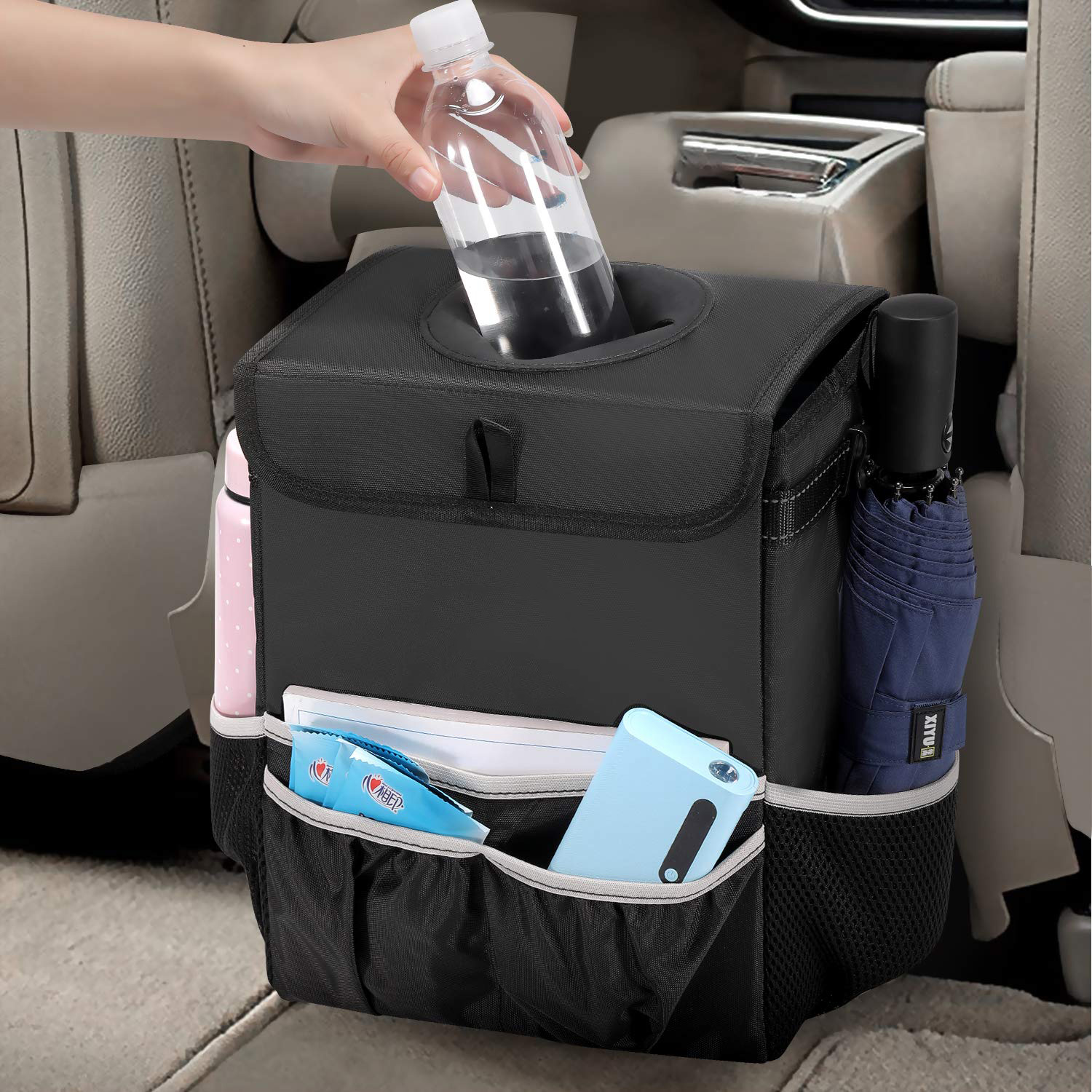Car Trash Can Garbage Bin Auto Trash Bag for Cars with Lid and Storage Pockets Leak Proof Vehicle Car Organizer Hanging