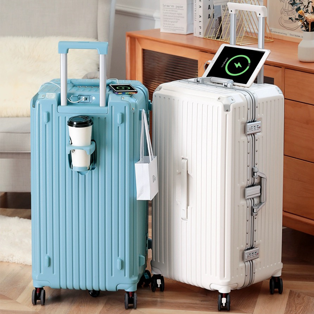 Shopping Baggage bag Travel Luggage-with-cup-holder and Power Bank Charger Suit Case With Phone Holder Usb