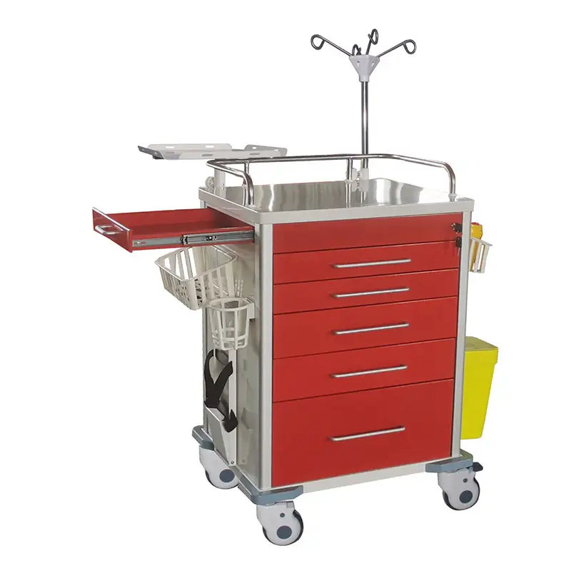 MK-C01B High Quality Medical Metal Emergency Crash Cart Medical Critical Care Trolley With 5 Drawers