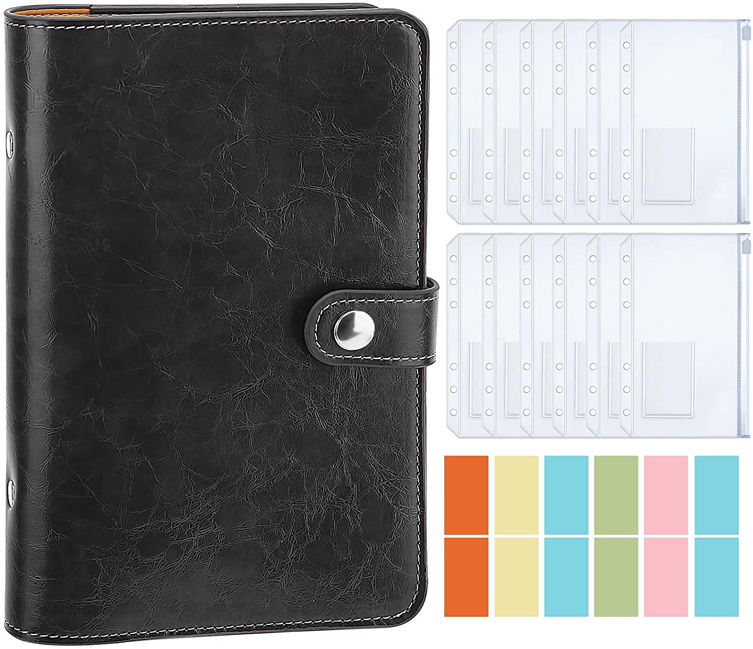 Housolution A6 Binder, Budget Binder Planner with 12 PCS Label Pocket Binder Envelope Pockets & 12 Random Color Paperboards