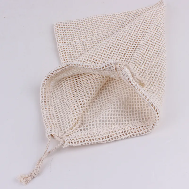 Organic Recyclable Reusable Cotton Fabric Produce Mesh Drawstring Bags
