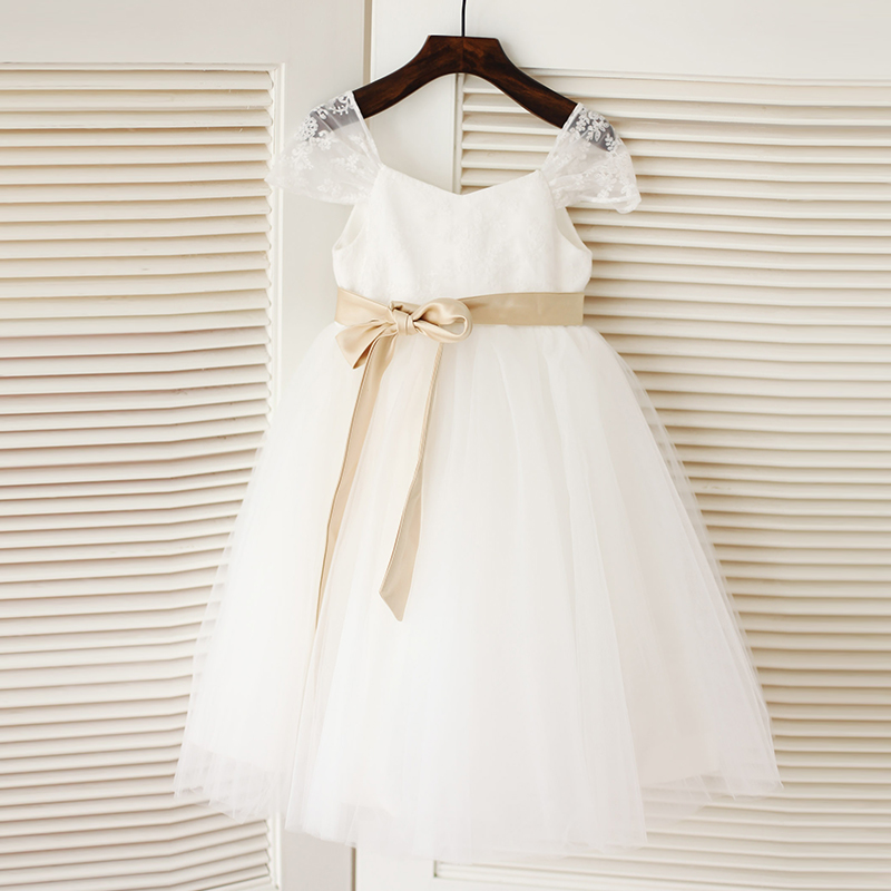 New Fashion White Beautiful Gowns Lace Sleeve Kids Wedding Dresses