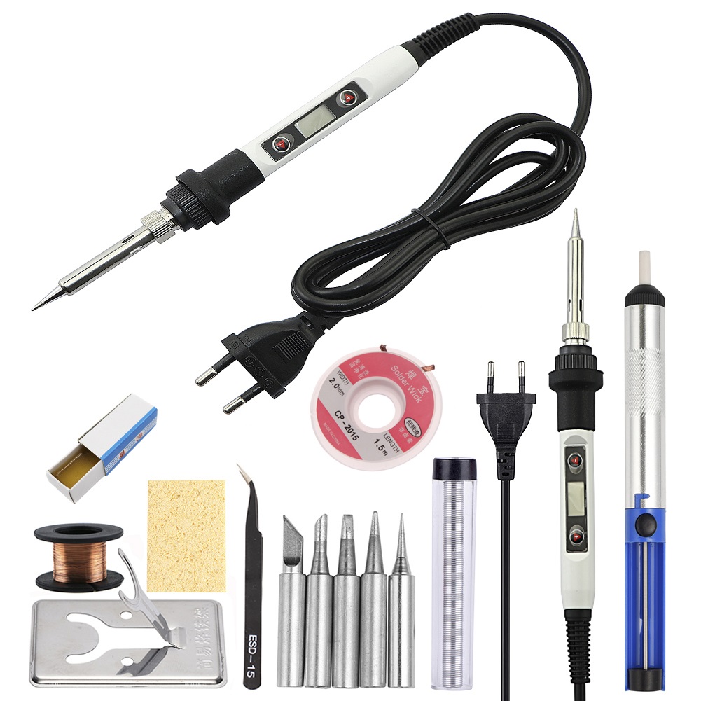US Plug,EU plug 14pcs Thermostatic 80W Adjustable Temperature LCD Soldering Tool Ceramic Heater Solder Gun Soldering Iron Kit