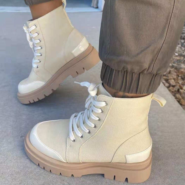 LE SLIDES Hot Selling Factory Price Fashion Ankle Boots Chunky Heel Lace-up Canvas Boots for Women Shoes