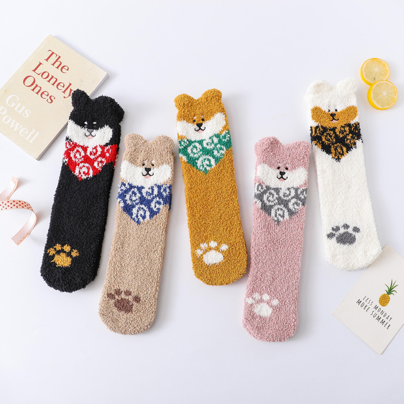 Wholesale Winter Thicken Warm Fleece Coral Velvet Fluffy Fuzzy Socks Funny Cute Cartoon Embroidery Dog Women Sleep Socks