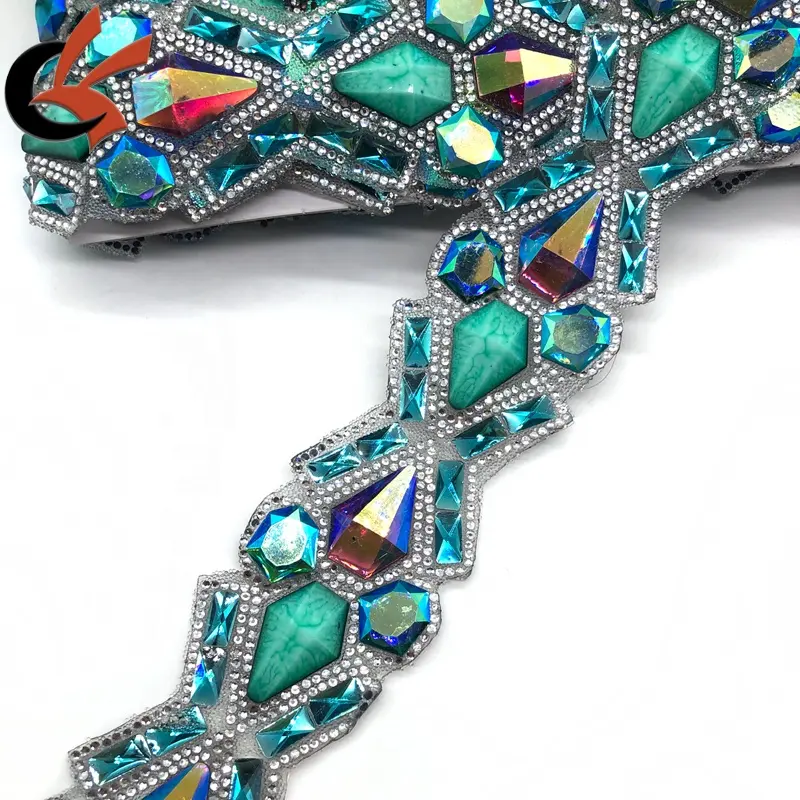 Wholesale Hot Fix Rhinestones Trimming Turquoise Resin Hotfix Crystal Banding Applique for Dress