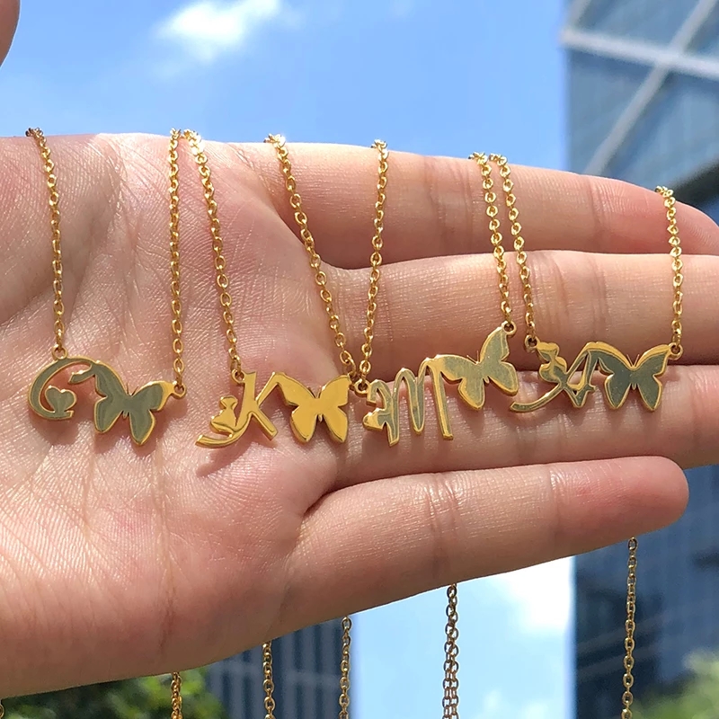 2021 Hot Sale Fashion Gold Butterfly Necklace Stainless Steel Initial Letter Necklace