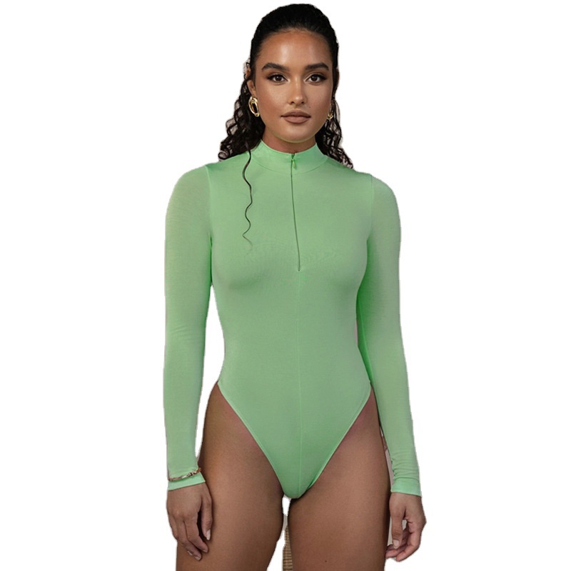 DAMOCHIC New Wholesale Body con Bodysuit Winter Fall Long Sleeve Jumpsuit Tops Front Zipper One Piece Slim Woman Bodysuits Thong