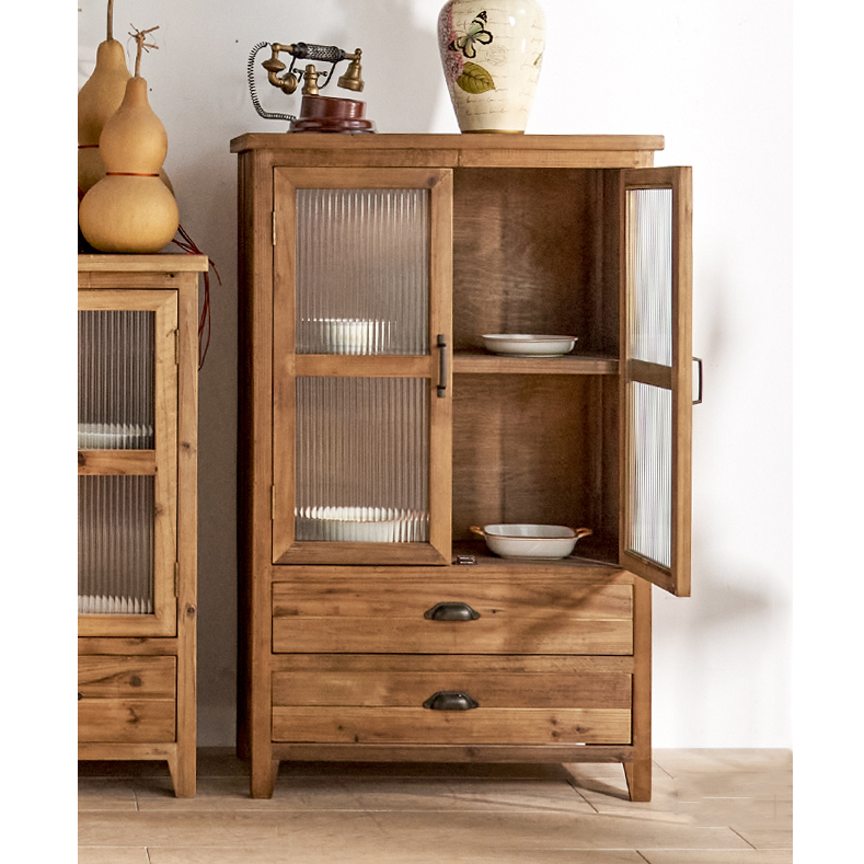 INNOVA Home Farmhouse Decors Storage Sideboard Vintage Glass Door Solid Wood Drawer Cabinet For Dining Room