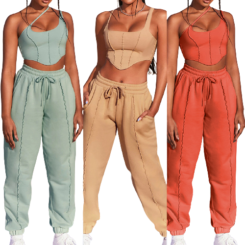 Custom Logo OEM Women Casual Fall Crop Tank High Waist Pocketed Joggers Tracksuit Women Clothing Outfits Two Piece Pants Set