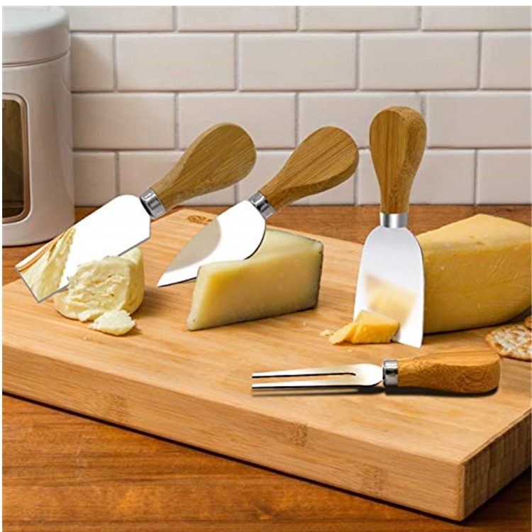 Professional Customize Logo Wooden Handle Stainless Steel 4 Piece Cheese Knife Tools With Gift Box