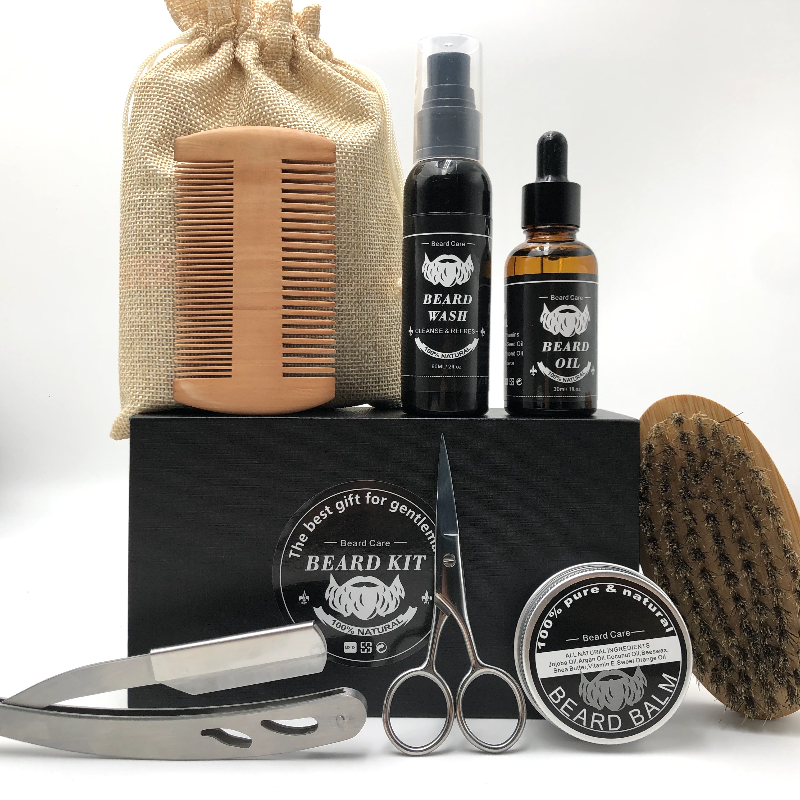 Private label custom logo beard oil brush comb men beard care growth grooming kit men gift set