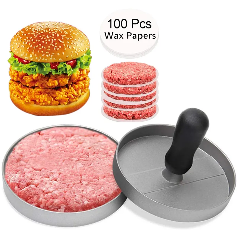 Aluminium Burger Press with 100 Pcs Wax Papers Non-Stick Hamburger Press Patty Maker Mold for BBQ Barbecue Grill