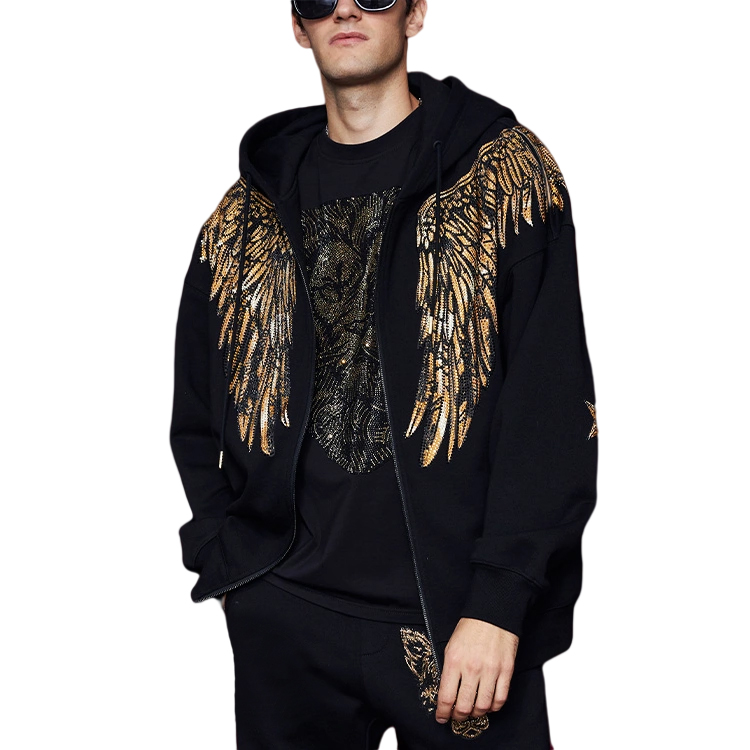 Custom High Quality Sparkle Bling Rhinestone Full Zip Up Hoodie Logo Printed Golden Wings Rhinestone Hoodie Men's Zipper Hoodies