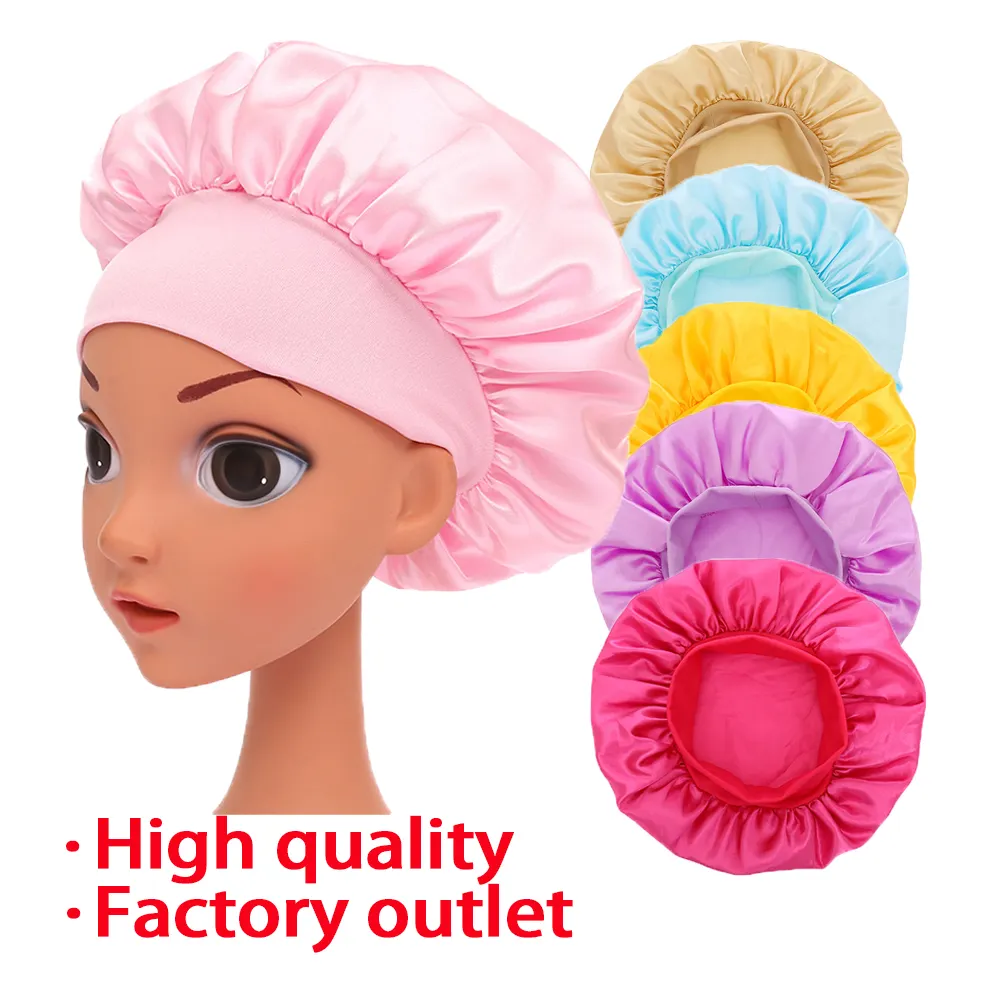 Wholesale high quality Color Kids Sleeping Bonnets Wide-Brim Elastic Children'S Satin Bonnets Hair Care Cap bonnet