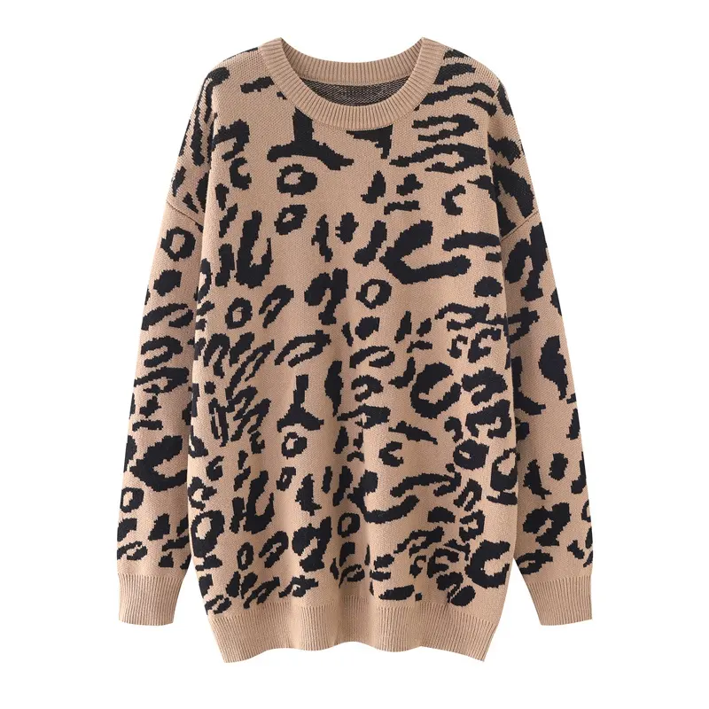 Wholesale 2021 Design Hot Sale ladies Leopard Knitting sweater O-Neck jumper girls' plus size sweater for women's sweaters