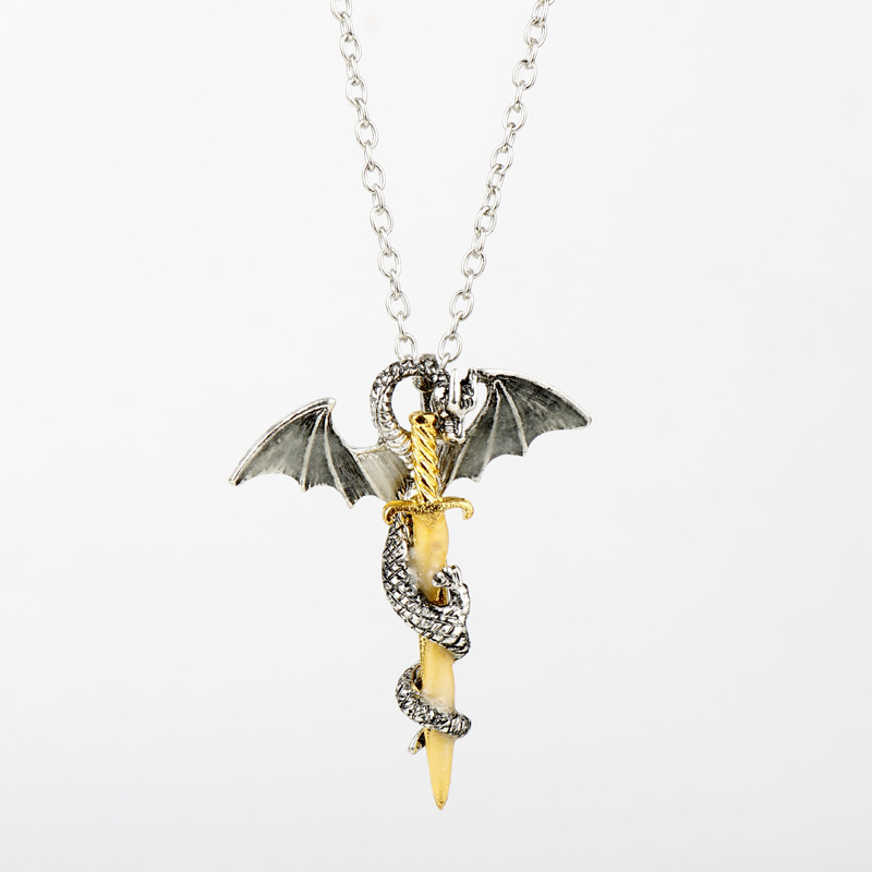 2021Cross-border hot sale European and American trendy male rock fashion pterodactyl golden sword luminous necklace jewelry