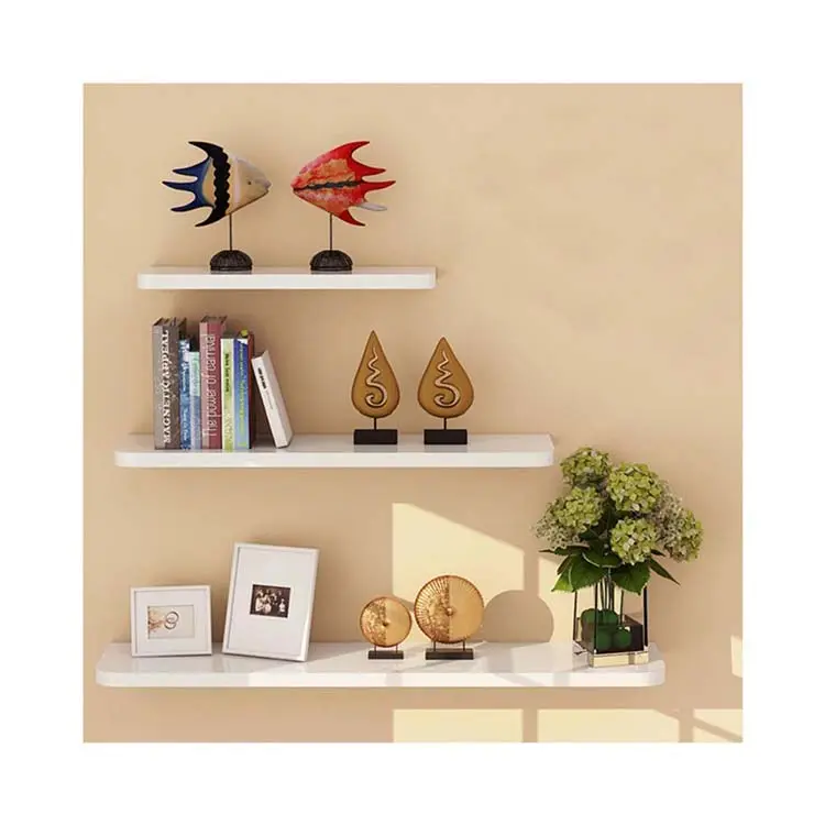 White Shelf for Wall, Set of 3 Wall Mount Wood Floating Decorative Plant Display Storage Long Shelves for Home
