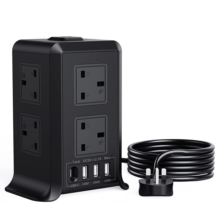 UK Extension Lead Socket Power Tower with USB Type C Surge Protector Overload Protection Button Socket Power strip Tower