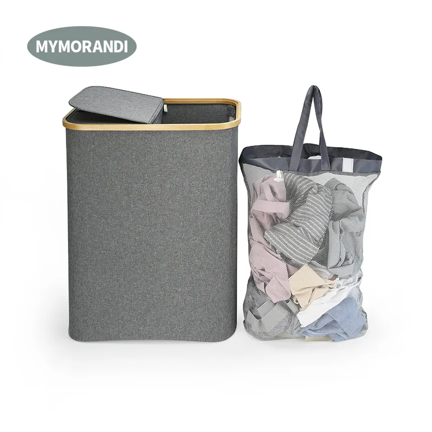 Divided Foldable Bamboo Laundry Basket Double Laundry Hamper with Lid and Removable Laundry Bags