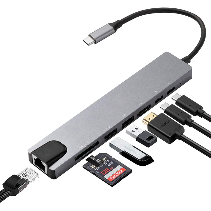 USB C 8 в 1 Тип C концентратор с портом Ethernet 4K HD USB 3,0 портов 100 Вт Мощность доставки адаптер для зарядного устройства USB док-станции