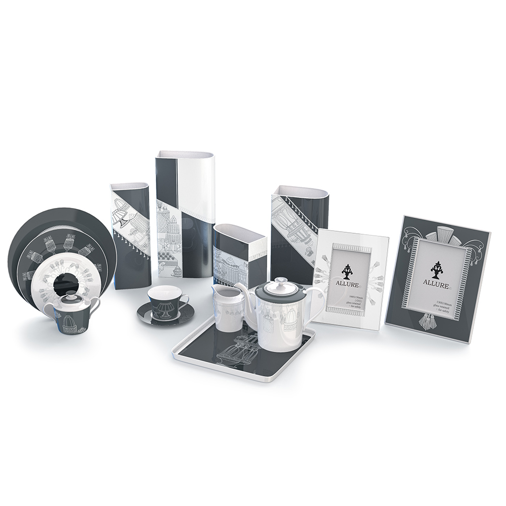 Black And White Ceramic Frame Dinner Plate Tea set With Decoration Vase