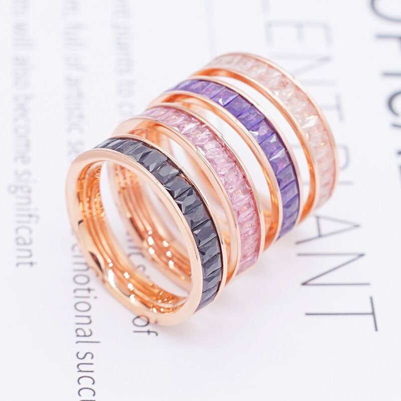 New Fashion Colorful Explosion Stone Ring with Zircon Rose Gold Titanium Steel CZ Setting Ring for Girls