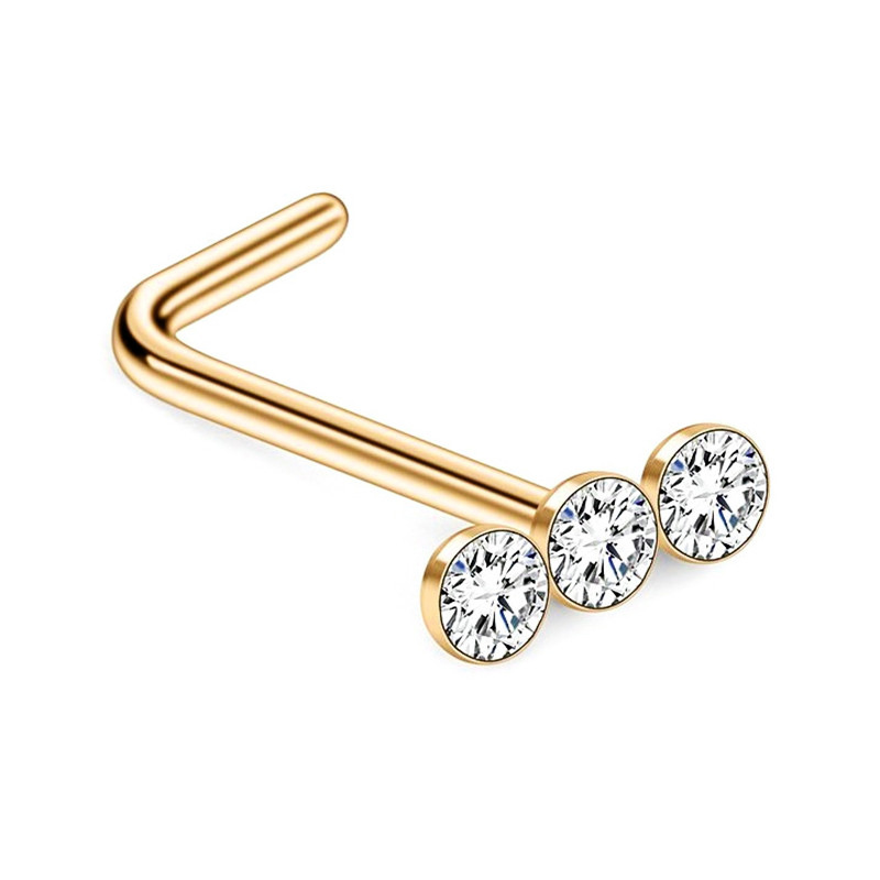 Medical Steel Three Stones L Shape Nostril Nose Piercing Jewelry