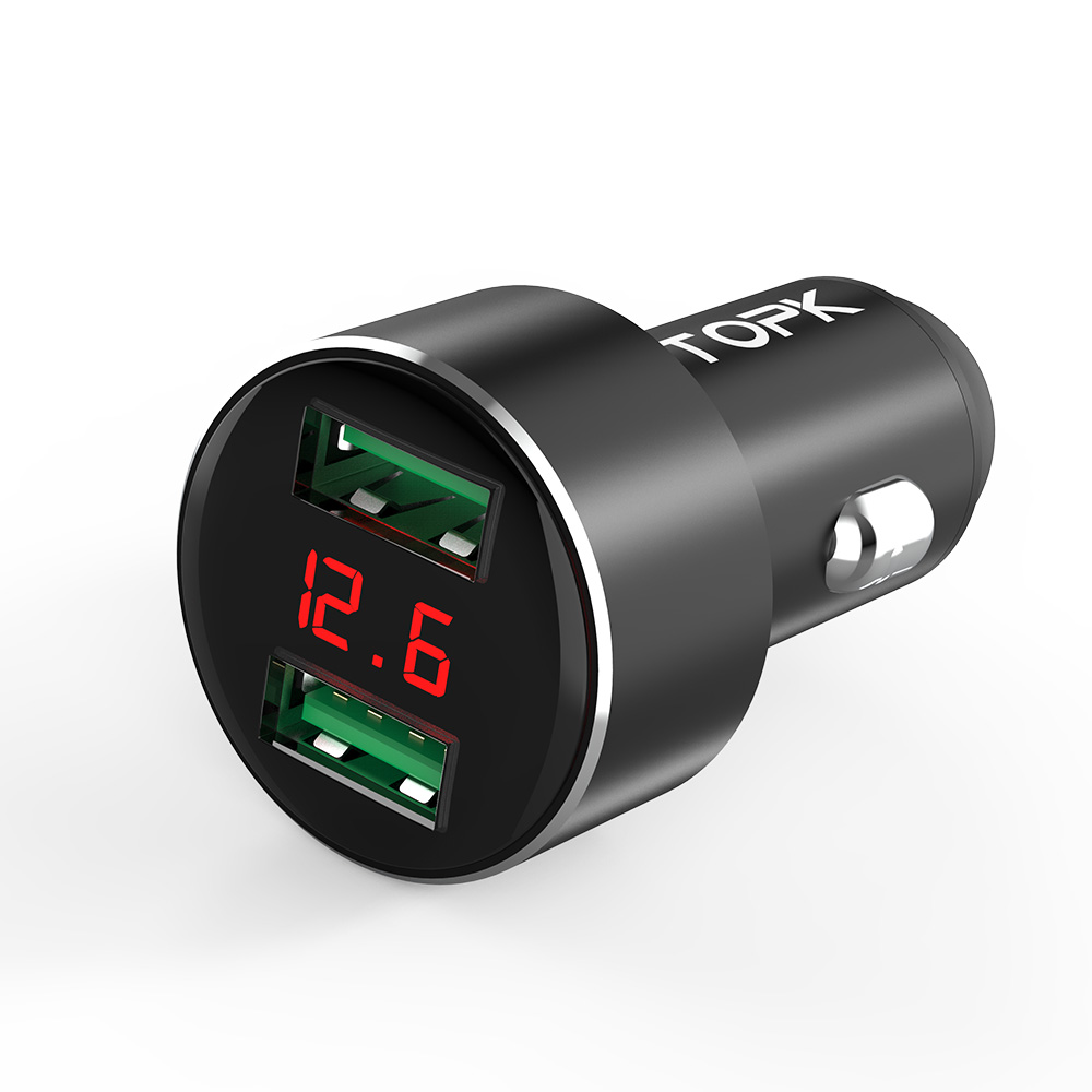 TOPK G209 светодиодный цифровой дисплей автомобильное зарядное устройство USB мобильный двойной Usb зарядное устройство для автомобиля