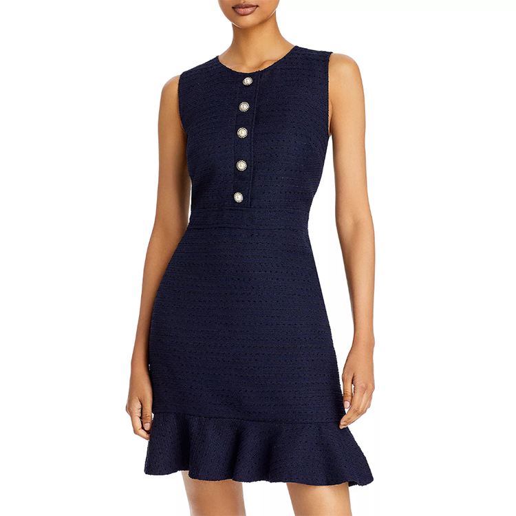 Latest fashion cocktail dresses faux-pearl buttons crew neck sleeveless flounce hem back zip closure tweed mini dress