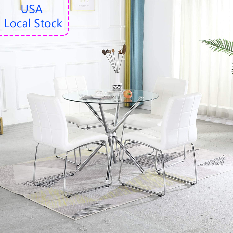 Free FedEx UPS Shipping USA Local Stock Modern leather stainless steel dining kitchen living room 1 round table   4 chairs Set