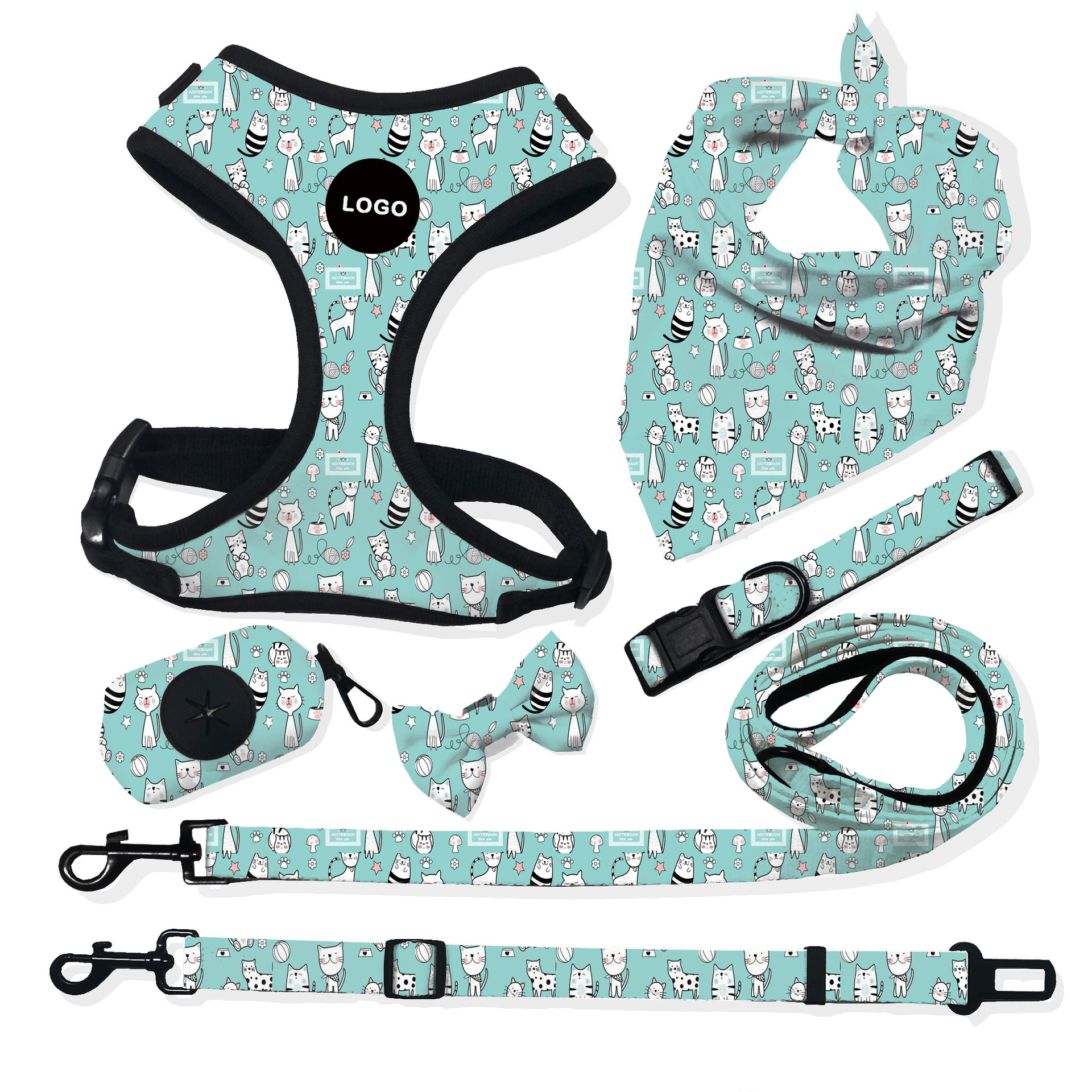 2023 New Manufacturers Custom Logo OEM ODM Luxury Pet Collar Leash Dog Neoprene Harness Set With Poop Bag Dispenser