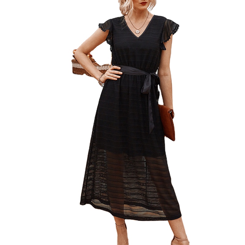 Office Lady Casual Women Ruffles Maxi Black Hollow Out Lace Career Dresses 21-0168-1