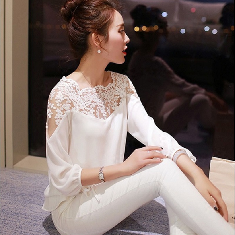 White Black Women shirt Lady Blouse Long Sleeve Loose stitching Hollow Lace Casual Tops Chiffon Blouse