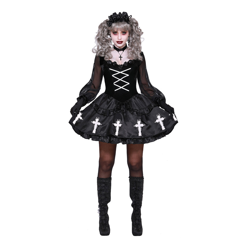 2021 Newest Halloween Costume Girl ghost doll Outfits Black Terrorist clown Cosplay Layered Dress Holiday Party Wear