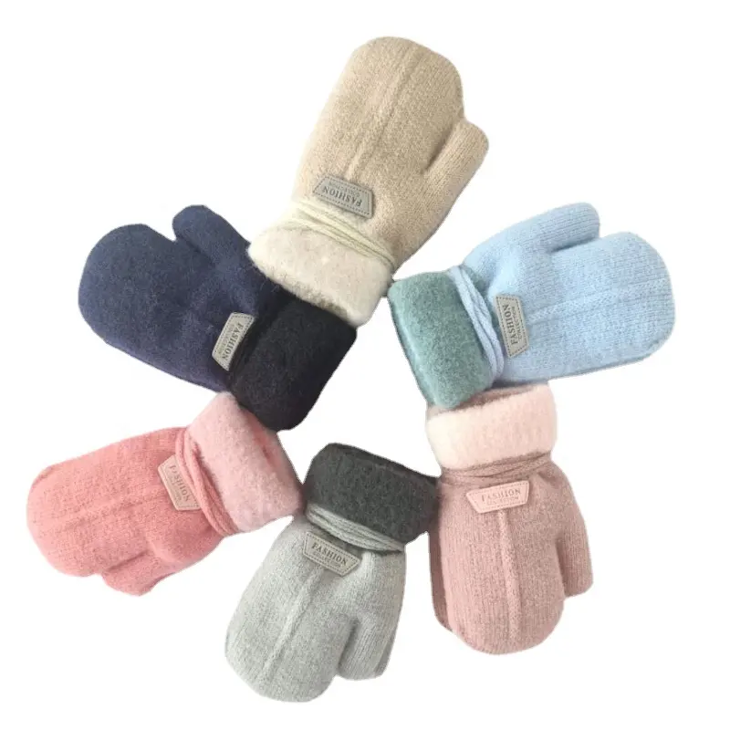 Children Gloves Solid Thicken Plus Velvet Halter Gloves For Kids Toddler Outdoor Keep Warm Knitted Mittens With Rope for Winter