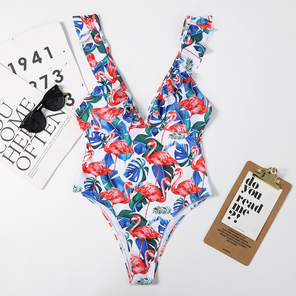 2021New seaside vacation one piece swimsuit multi-color Flamingo printed flying edge swimsuit Swimwear bikini
