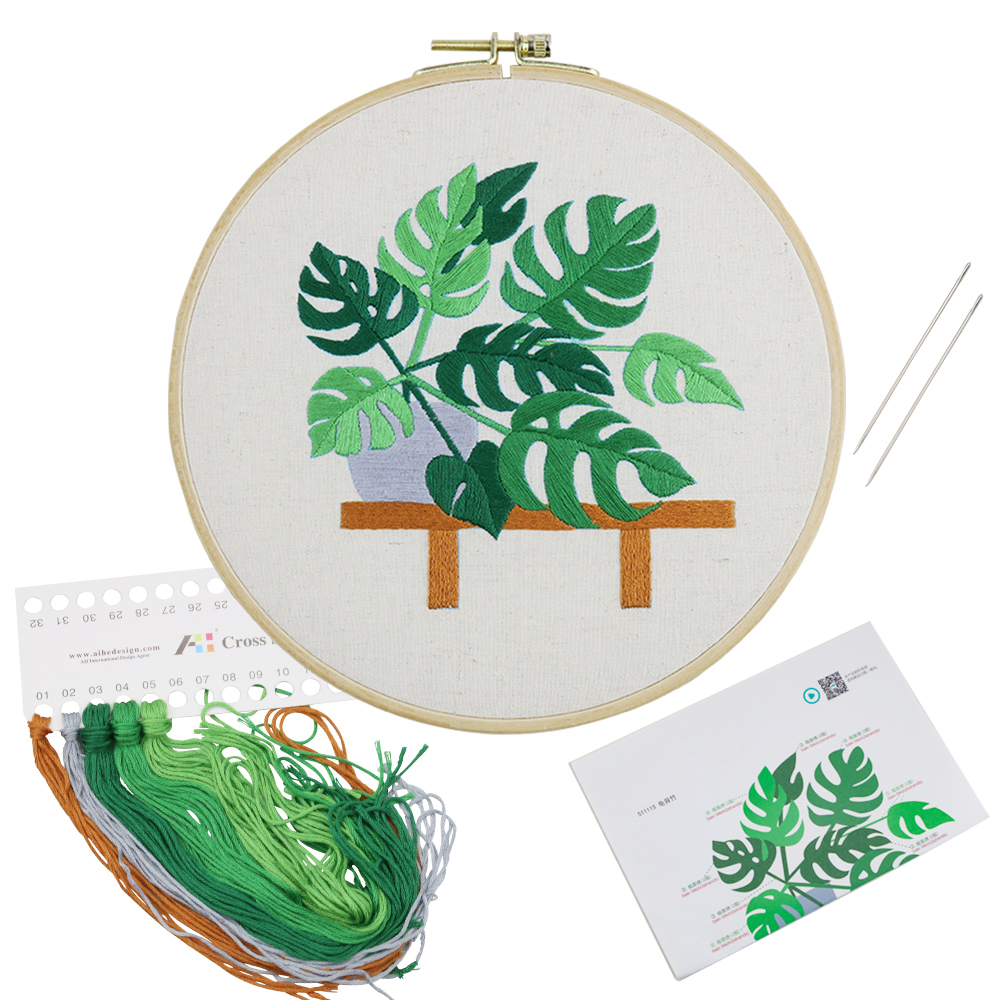 Wholesale Green Flower Plant Bonsai Pattern Embroidery Starter DIY Textile Crafts Cross Stitch Kit for Teenager Adults