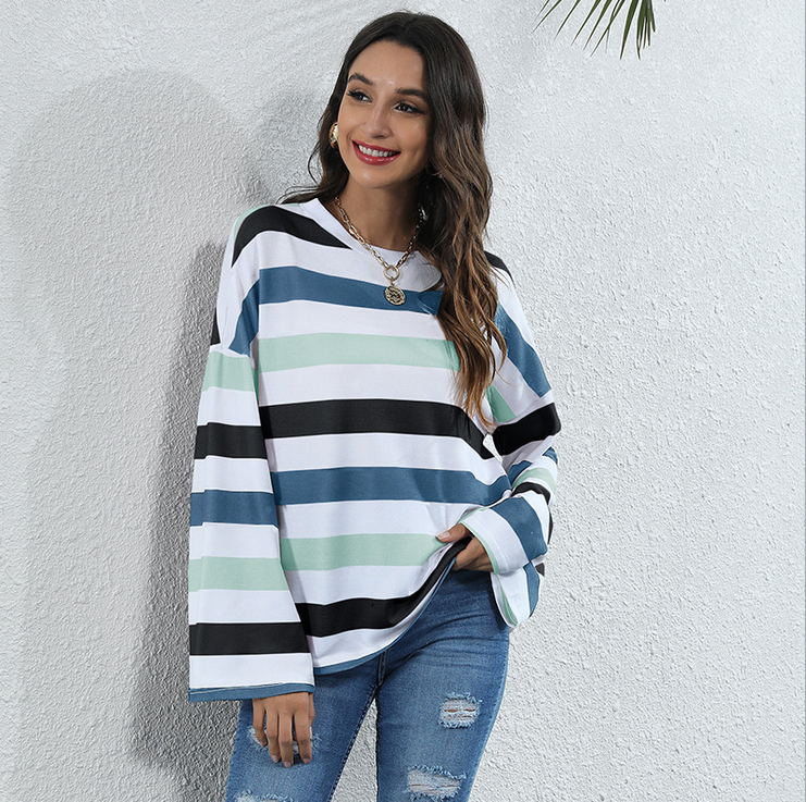 New Autumn/Winter Ladies Pullover Knitting Long Sleeve Patchwork Stripes Color Loose Round Neck Custom Casual Top Shirts