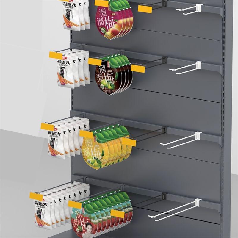 with perforated double-line plates and hooks for displaying supermarket hardware tools and mobile phone accessories.