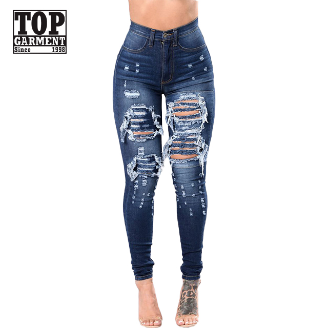 Women's Jeans Fashion Hip Hop Broken Holes Denim Jeans High Waist Ripped Pencil Pants Jeans