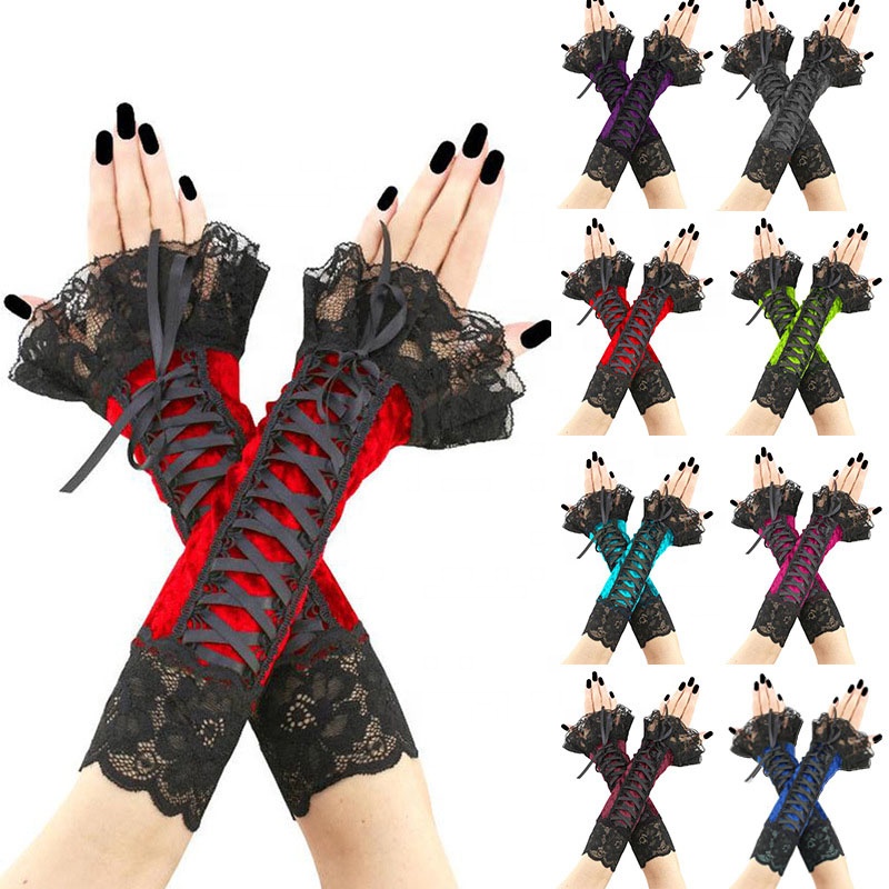 Wedding Bride Gloves Lace Bridal Dress Luxury Long Fingerless Accessories Party Black Red Purple Green