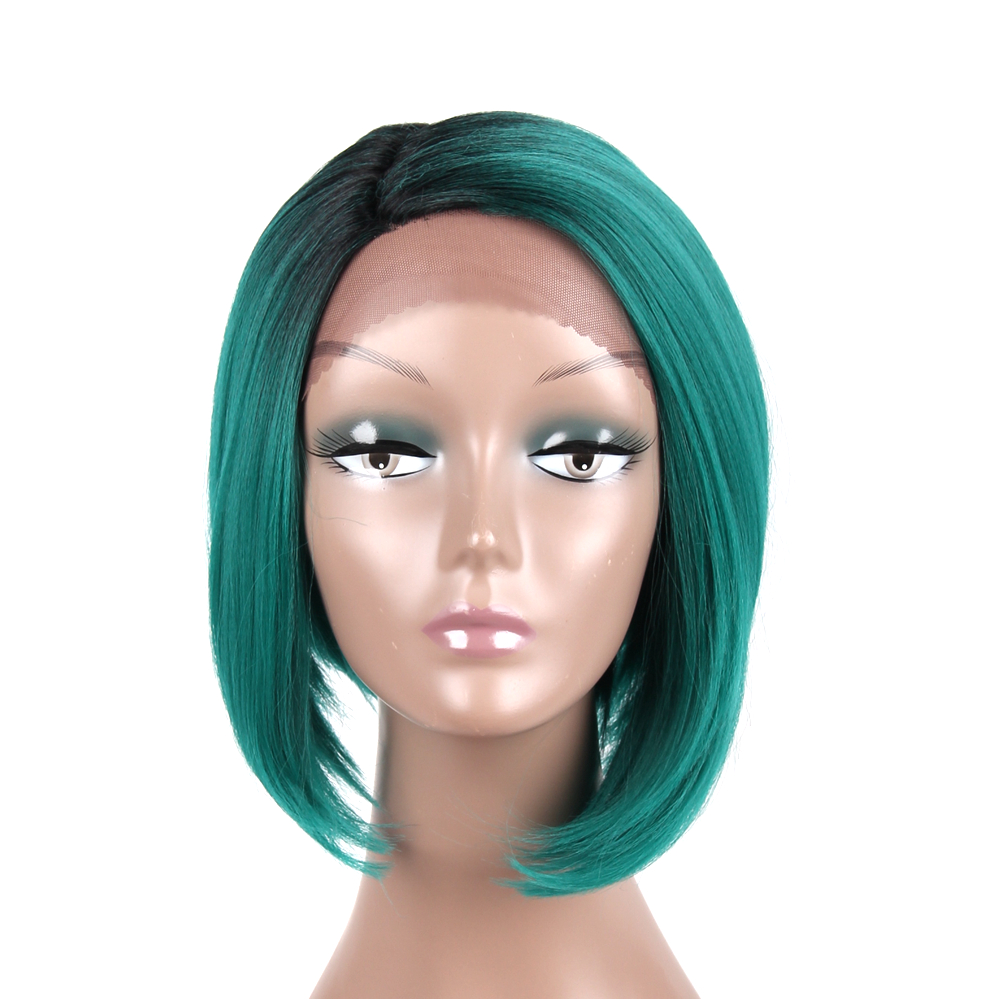 Hair Synthetic Silky Straight Lace Front Wigs Ombre Green Middle Part Lace Front Cosplay Bob Wigs For Women