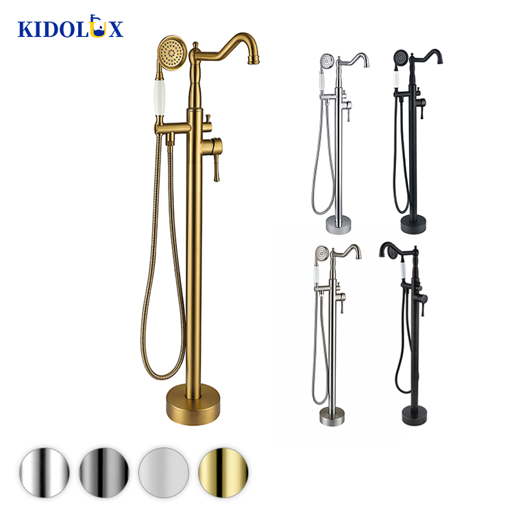 European Telephone Design Bathroom Exposed Satin Brass Brushed Gold Freestanding Luxury Free Standing Bathtub Faucet Set