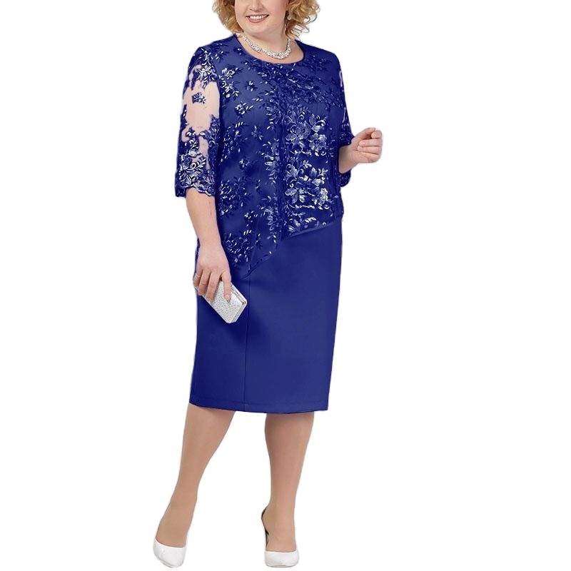 Wholesale New Fashion Women's Lace Floral Matching Elegant Plus Size Half Sleeve O-neck Pencil Party Evening Casual Dress