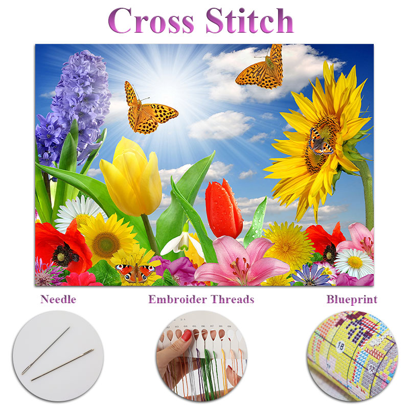 Sunflower&Butterfly Threads Embroidery Canvas Cross Stitch Art Home Decorative Cross-Stitch Fabric Set