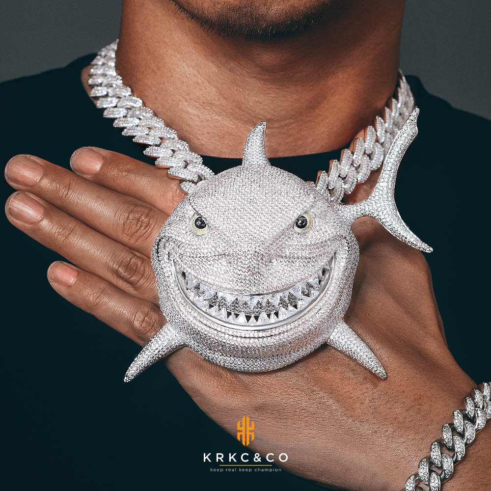 KRKC Hip hop 5inch white gold 925 sterling silver rainbow teeth big shark iced out pendant 6ix9ine customize pendant